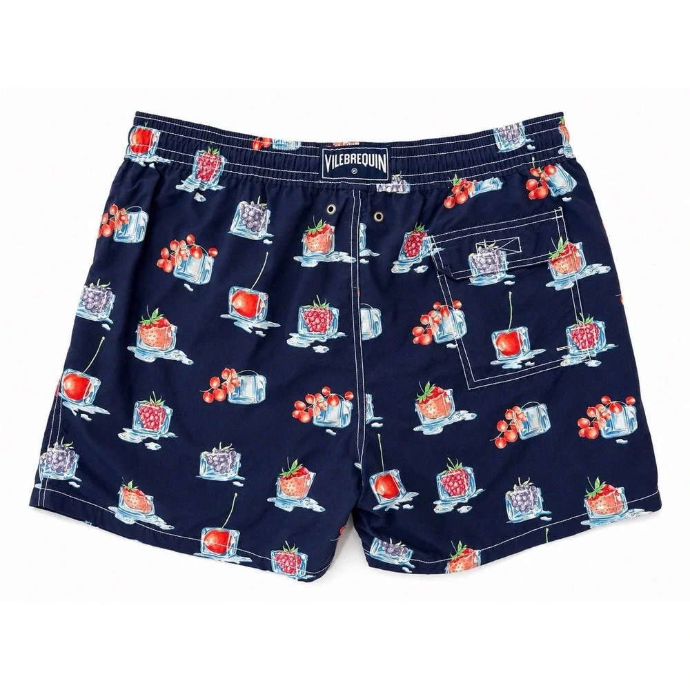 Vilebrequin Swim Trunks Navy Blue Fruit Ice Cube Print Men's Swim Shorts XL